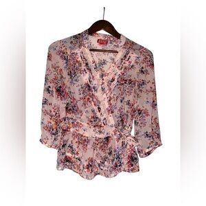 Elle Women Floral Chiffon Faux Wrap Lace‎ Blouse Small Sheer Cottage Prairie